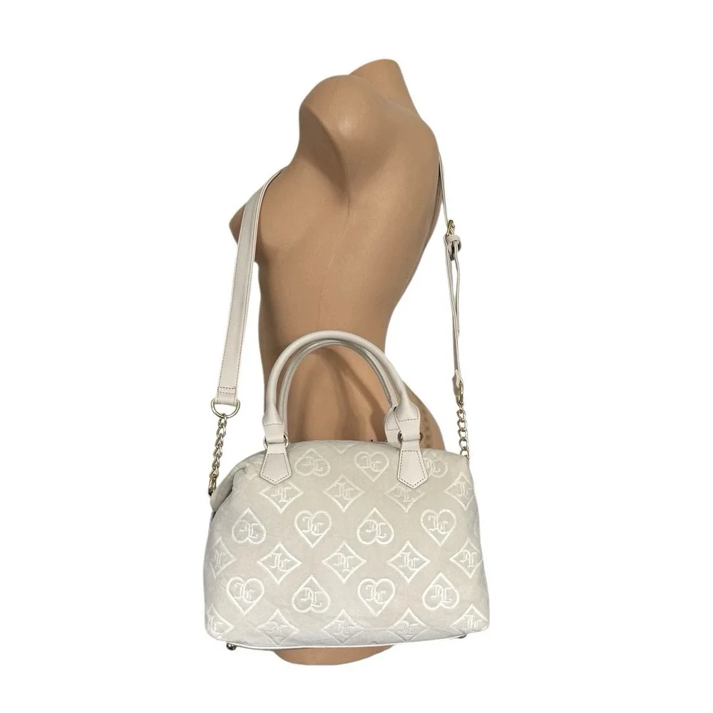 Juicy Couture Glizted Out Ivory Crystal Velour Velvet Satchel Shoulder Bag‎